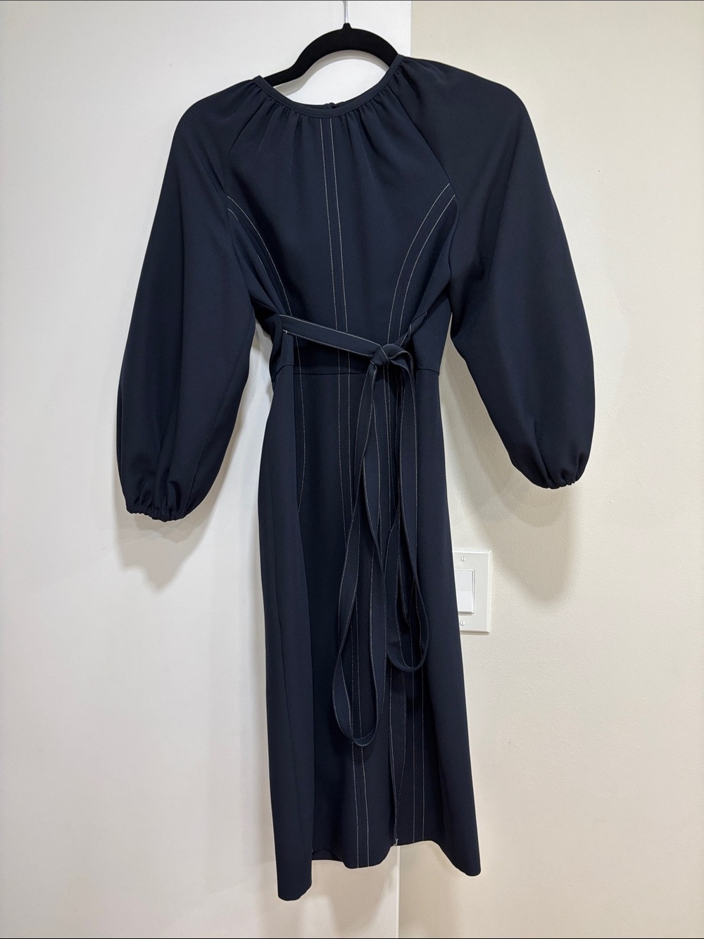 ASOS Navy Balloon-Sleeve Midi Dress with Self-Tie Waist